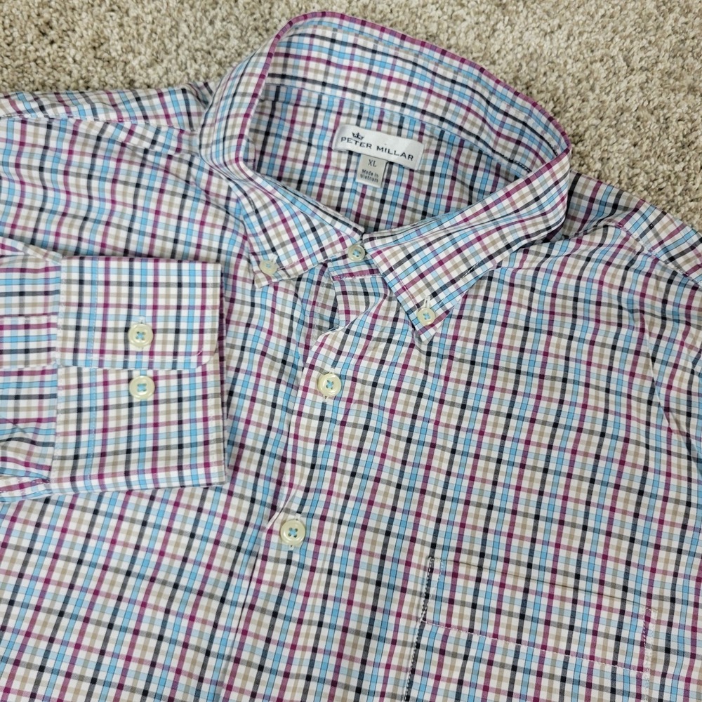 Peter Millar Mens XL Multicolor Plaid Check Performance Stretch Button Down LS